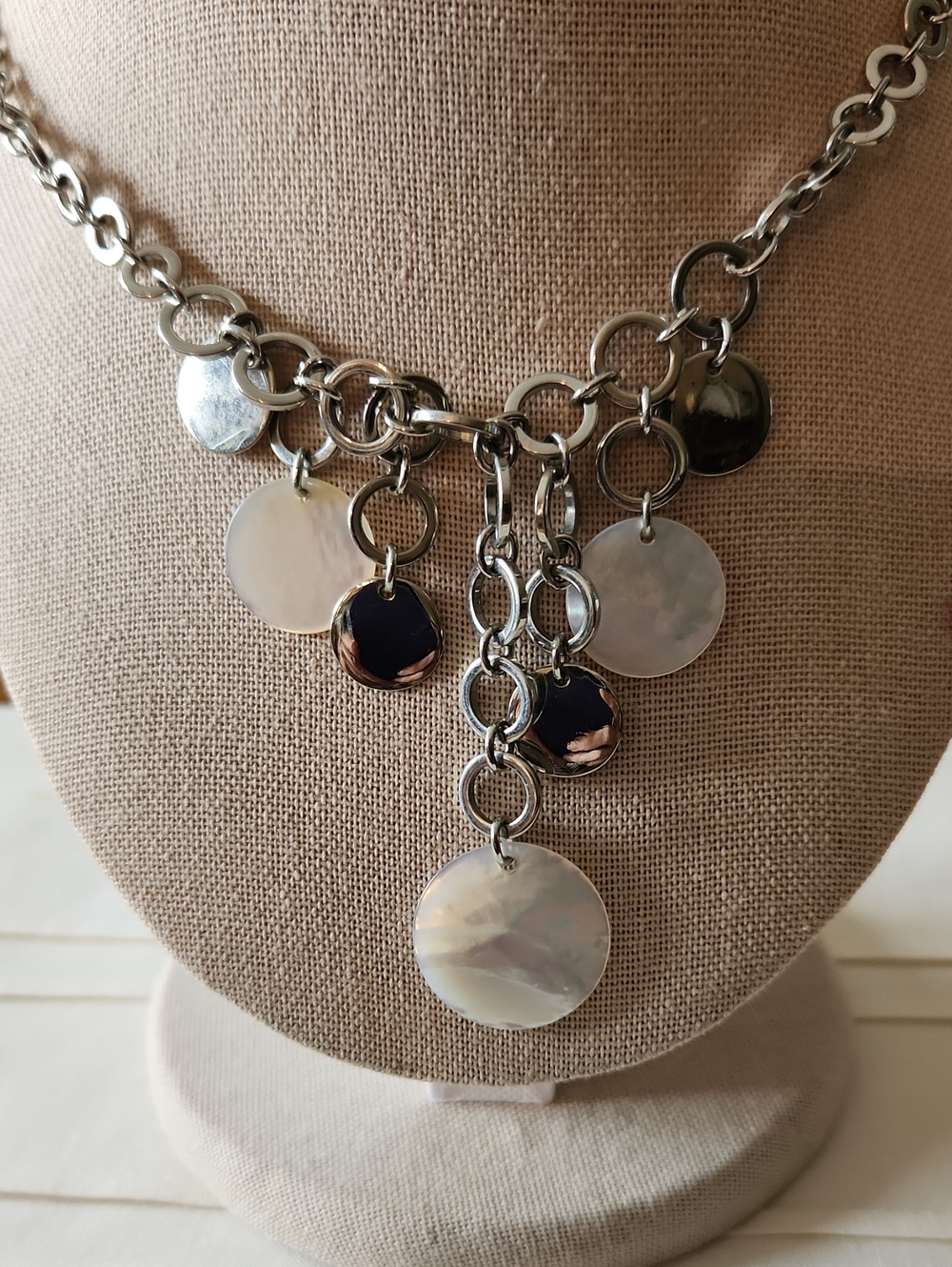 Lia Sophia Silver-Tone Mother-of-Pearl and Disc Charm Necklace